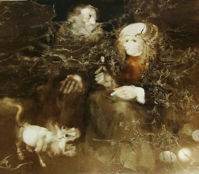Mystical Old Couple with Cat - egg tempera on board, 24" X 28", signed and dated 1979.