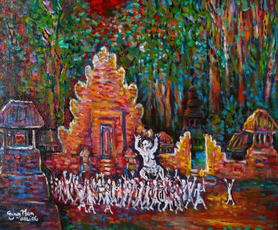 Sample artwork by Gusti Nyoman (Gung Man) Widnyana (Born 1956), known for painting of temples with decoration, trees, foliage, figures - View similar artists and auction records