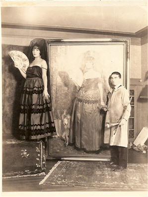 Portrait of Theodore Nicolai Lukits: Lukits painting the silent film star  Dolores Del Rio with her pet monkey, Pablito, c. 1925