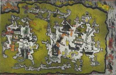 Sample artwork by Ynez Johnston (1920 - 2019), known for modernist naive-views, non objective painting, printmaking - View similar artists and auction records
