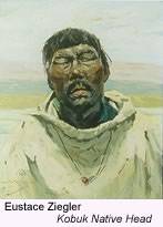 Painting by Eustace Ziegler depicting Alaska Native village life with respectful, non-stereotypical representation of indigenous culture