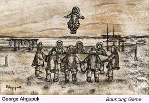 Artwork by George Ahgupuk showing traditional Inupiat life, featuring detailed pen and ink drawings of Arctic scenes and cultural activities