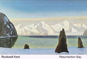 Rockwell Kent's dramatic landscape painting of Alaska featuring bold, simplified forms and stark contrasts typical of his modernist style