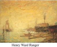 Henry Ward Ranger's Harbor at Sunset Noank, showing the American adaptation of Barbizon techniques with atmospheric harbor scene