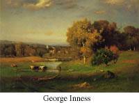 George Inness's Medfield landscape showing his characteristic atmospheric effects and tonal harmony typical of American Barbizon painting