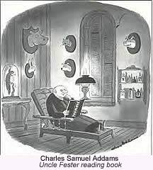 Charles Samuel Addams cartoon illustration - creator of 'The Addams Family' characters, showing his distinctive macabre humor and artistic style