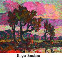 Birger Sandzen painting 'Trees by a River' - Kansas artist's Fauvist landscape with bold color blocks and expressive impasto technique