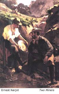 Gold Rush era painting depicting miners and prospectors in California landscape