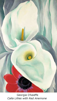 Georgia O'Keeffe painting 'Calla Lilies with Red Anemone' showing her distinctive modernist floral style