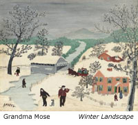 Grandma Moses painting 'Winter Landscape' showing her characteristic folk art style of rural American scenes