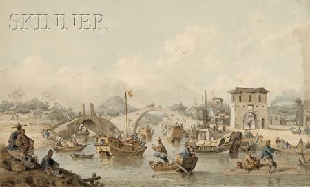 Chinese Barges of the Embassy Preparing to Pass Under a Bridge, plate XL from Sir George Staunton's An Authentic Account of An Embassy from the King of Great