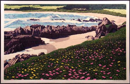 "Meadows Beach" signed woodcut by Gordon Mortensen