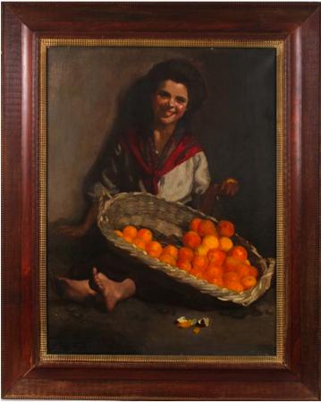 Portrait of young girl with basket of oranges