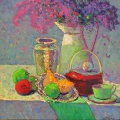 Lilacs with Red Teapot