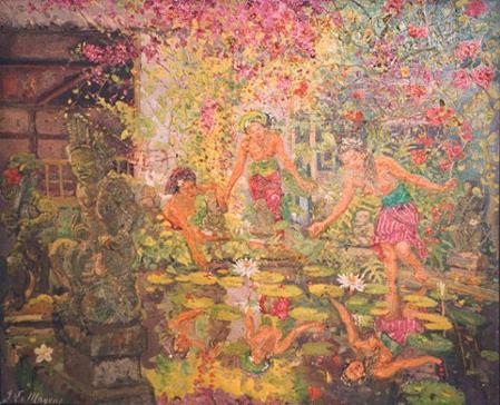 Balinese women by a pond in the Garden of Sanur 