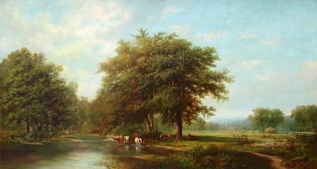 Fishing Along a Stream with Grazing Cattle and Men Haying, 1860