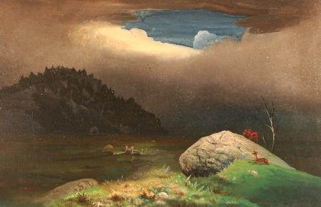 Landscape with fawn on hill