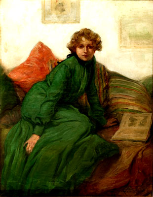 Woman in a Green Dress with a Book