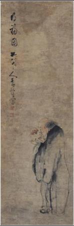 Representing an elder in long robes playing with a bat