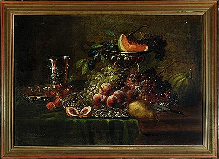 Stillleben mit Früchten und silbernen Gerätschaften