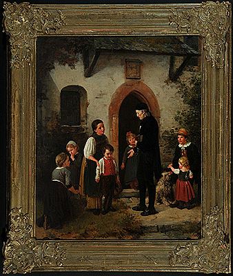 Lehrer mit Kindern vor dem Schulhaus