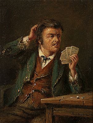 Lost, Bedad!-An Irishman playing cards at a table