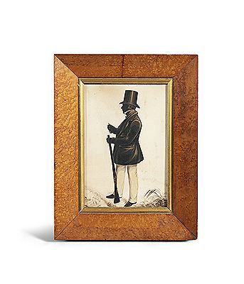 A full-length silhouette of a gentleman, full-length, profile to the right, wearing a top hat and shooting jacket, loading a rifle