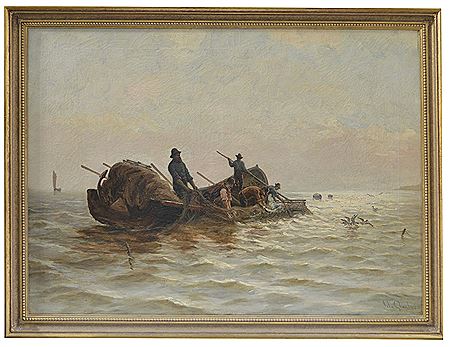 Fishermen at sea bringing in a drift net by John Chambers - Auction record, sale price, and art valuation. Compare with similar artists and explore comparable artworks.