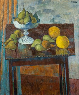 The table (still life with pears and two apples).