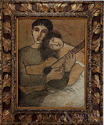 Figural painting of man playing a guitar with young lady resting her head on his shoulder