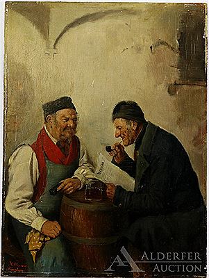 Interior vignette of two men having a conversation over a pint