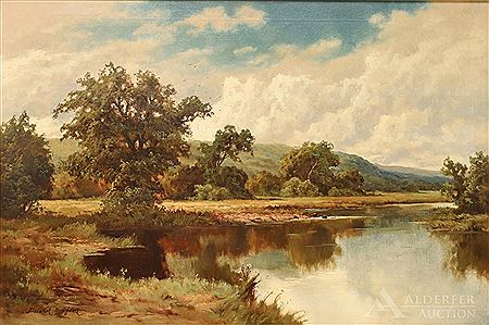 River landscape with full trees and bushes and calm body of water and hills in the distance