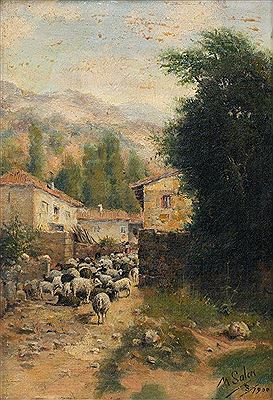 PAISAJE CON PUEBLO Y OVEJAS