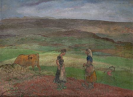 "ALDENAS Y VACA SOBRE PAISAJE DE ASTURIAS"