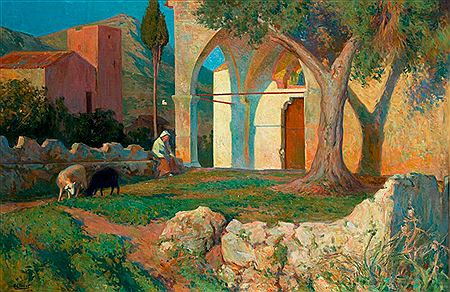 "Landscape with an old woman and sheep by a church"