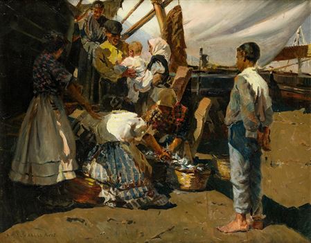 "Escena con pescadores en la playa"