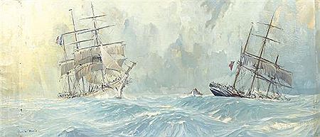 Trois-mâts barque portant secours à un clipper anglais sur mer formée