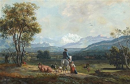 Personnages devant le panorama du massif du Mont-Blanc vu de la baie de Genève