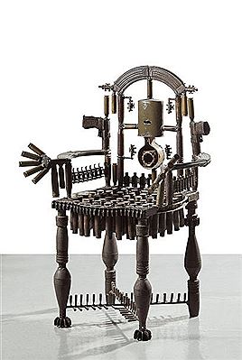 Sample artwork by Goncalo Mabunda (Born 1975), known for weapon symbol sculpture, drawing - View similar artists and auction records