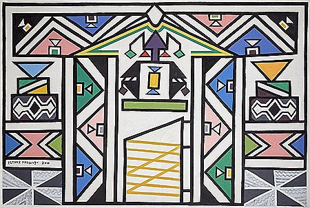 Sample artwork by Esther Mahalangu (Born 1935), known for ndebele mural painting, geometric shapes, black borders, white background, canvases, ceramics, sculptures, beads, installations, everyday objects - View similar artists and auction records