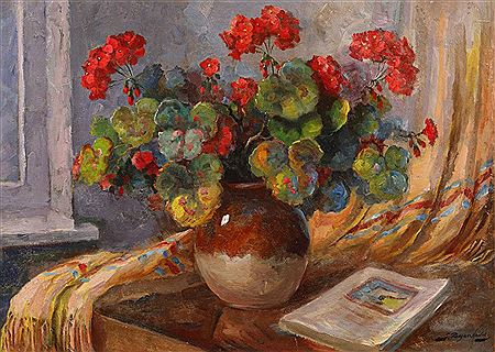 Static nature with geraniums and book