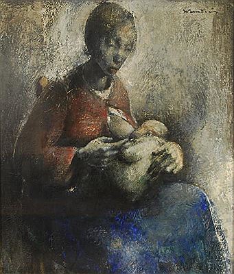 "Zogende moeder in rood en blauw"