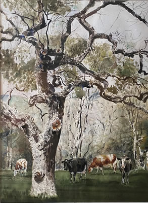Landscape with cows, Farm landscape and Twisted tree