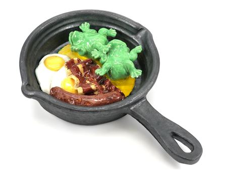 "Frying Pan with Eggs, Bacon, Sausage and Frogs".