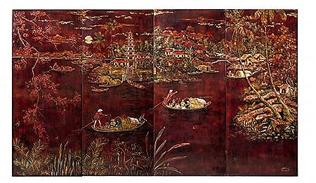 Le Mékong animé de sampans aux rives érigées de huttes et d’une pagode