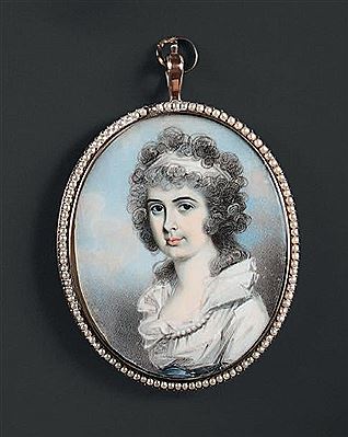 Portrait of a young woman in a bust to the left almost frontally, dressed in a white veil dress girdled with blue silk