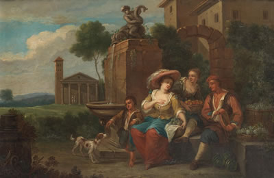 Pair: Fruit sellers with a dog; and Fruit sellers