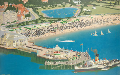 Busy Southsea Beach and Pier, Portsmouth, with the Southern Railway paddle steamer Ryde preparing to depart