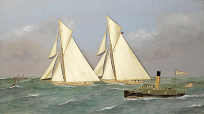 Reliance and Shamrock III race for the 1903 America's Cup, with spectators on the steamer 'Edward J Berwind' looking on, the Sandy Hook lightship in the distance
