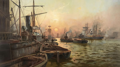 Busy shipping scene at the docks